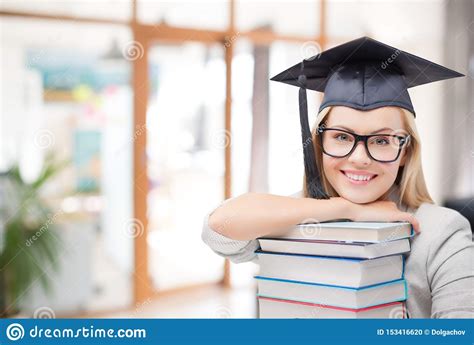 Graduate Student Girl In Bachelor Hat With Books Stock Photo - Image of ...