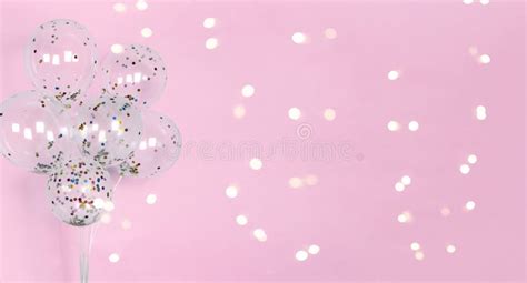Shiny Bokeh Lights On Festive Pink Background With Balloons With Shiny