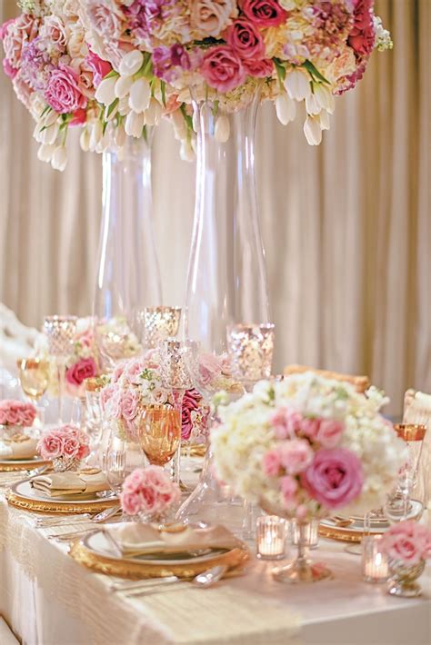 Reception Décor Photos Gold Pink And White Tablescape Inside Weddings