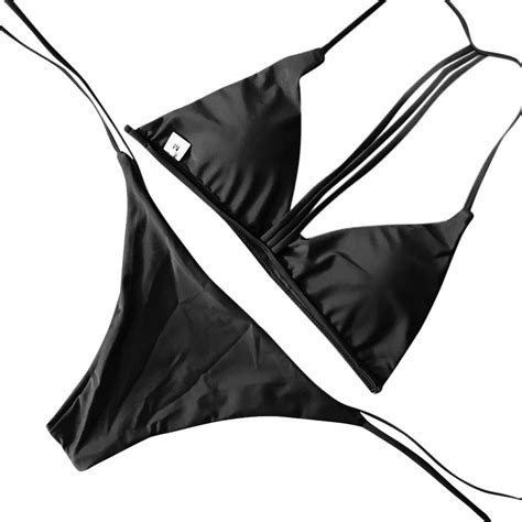 Qcmgmg Women Low Rise Sexy Bikini Swimsuit Solid Push Up Bathing Suit Thong Swimwear L