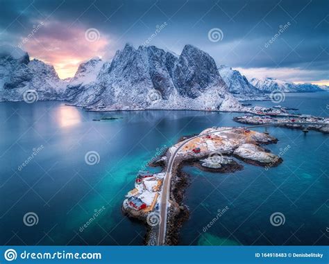 Aerial View Of Hamnoy At Dramatic Sunset In Winter In Norway Stock