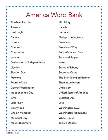 Word Bank Printable America Sallie Borrink