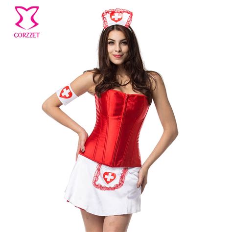 Red White Adult Nurse Costume Plus Size Sexy Fancy Corset Dress