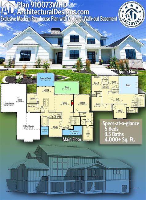 Find small 1 story ranch designs w/walk out basement at back, pictures & more! Plan 910073WHD: Exclusive Modern Farmhouse Plan with Optional Walk-out Basement in 2020 ...