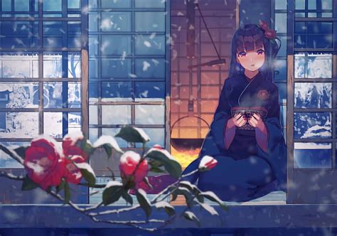 Hd Wallpaper Anime Girl Kimono Traditional House Sitting Winter
