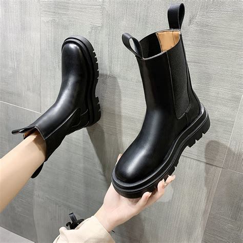Ladies High Ankle Chelsea Boots Womens Chunky Platform Goth Mid Calf Shoes Sizes Ebay