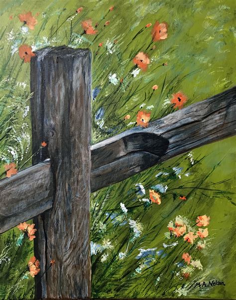 Fence Post And Flowers Acrylic On Canvas Farm Scene Painting Rustic