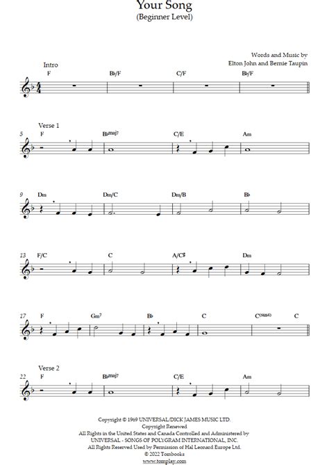 Your Song Nível Iniciante Saxofone Tenor Elton John Partitura