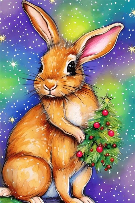 Beautiful Whimsical Christmas Rabbit Painting · Creative Fabrica
