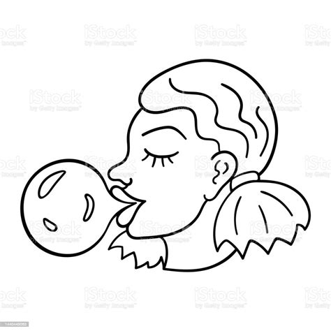 Isolated Vector Illustration Of Girl Blowing Bubble Gum Cute Thin Line