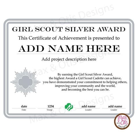 Girl Scout Cadette Printable Silver Award Certificate Editable Pdf