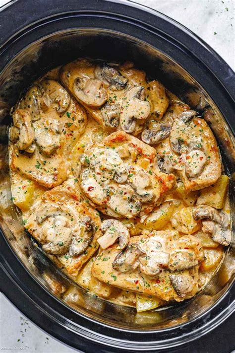 The only addition i made was layering in some cremini mushrooms, my moms scalloped potatoes always had a can of cream of mushroom soup so i. Crockpot Creamy Garlic Pork Chops with Mushrooms and ...