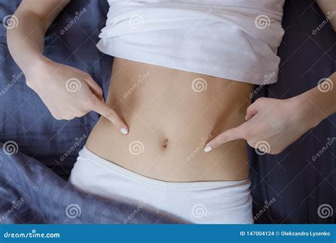 Healthy Nutrition And Belly Health Concept Close Up Of Woman Flat Stomach Girl In Bed With