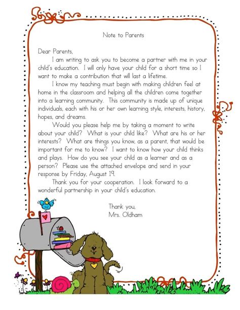 Preschool Welcome Letter To Parent From Teacher Template ~ Addictionary