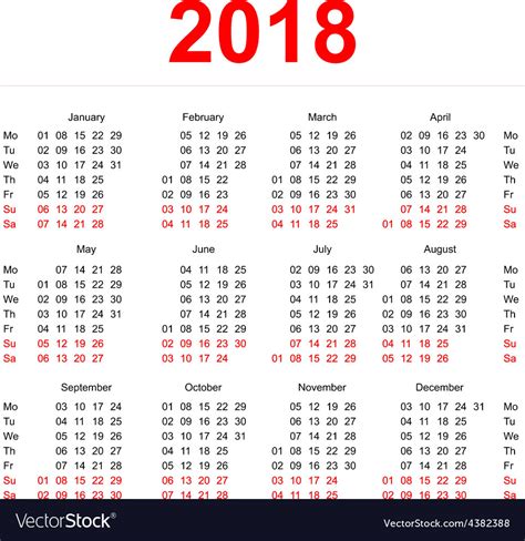 2018 Calendar Template Vertical Weeks First Day Vector Image