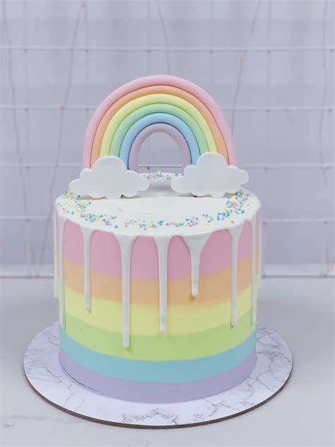 Pastel Rainbow Drip Cake With Rainbow Topper In 2020 Rainbow Birthday