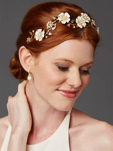 designer hand enameled ivory floral gold headband mariell bridal jewelry and wedding accessories