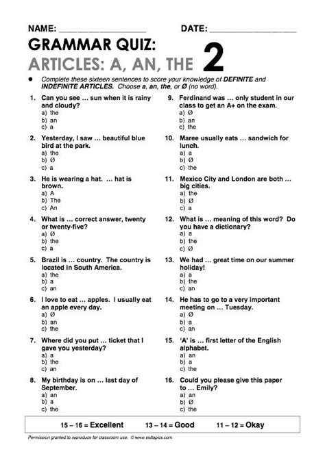 Grammar Test Printable With Answers Baldcircleil