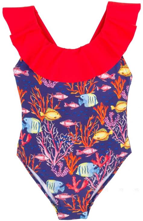 Ancar Girls Sea World Print Swimsuit With Pink Coral Ruffle Collar