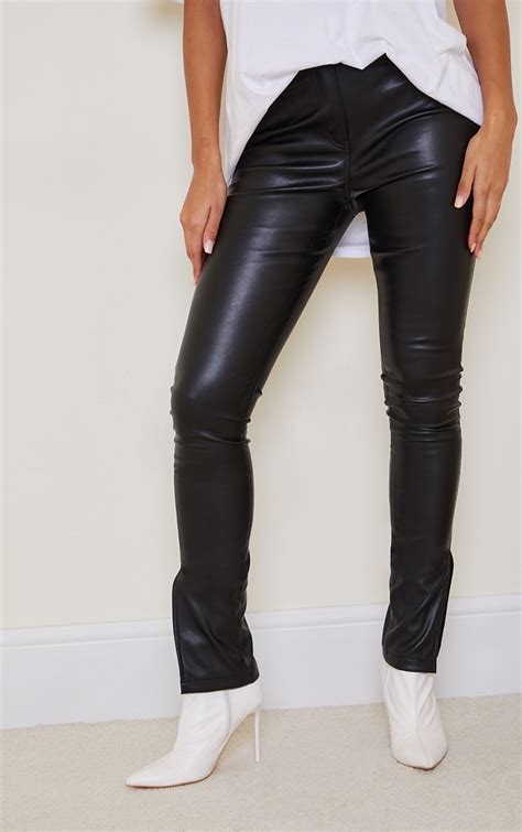 Black Faux Leather Split Hem Straight Leg Pants Prettylittlething Aus