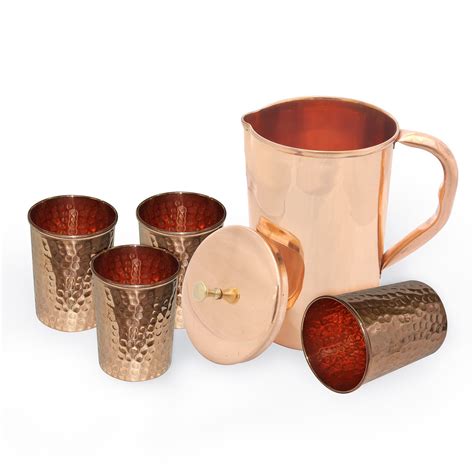 Buy Dungri India Pure Copper Pitcher Jug With 4 Tumbler Hammered Glass Set For Ayurvedic Healing