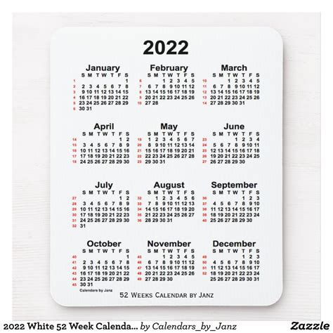 2022 White 52 Week Calendar By Janz Mouse Pad Zazzle Weekly
