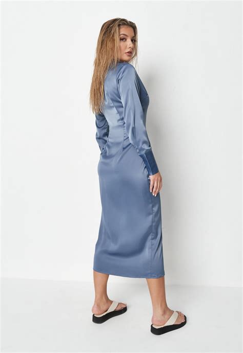Slate Blue Satin Slim Fit Shirt Midi Dress Missguided Ireland
