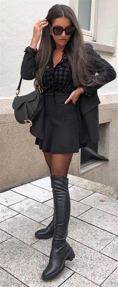Black Boots Outfit Wearing Black Leather Skirt Tights Booty Tall Chic Womens Fashion
