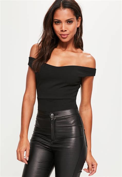Missguided Black Bardot Crepe Bodysuit In Black Save 31 Lyst