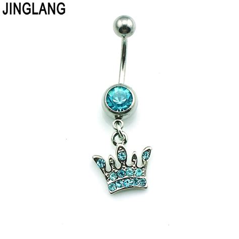 Jinglang New Belly Button Rings 316l Stainless Steel Barbell Dangle Lake Blue Rhinestone Crown