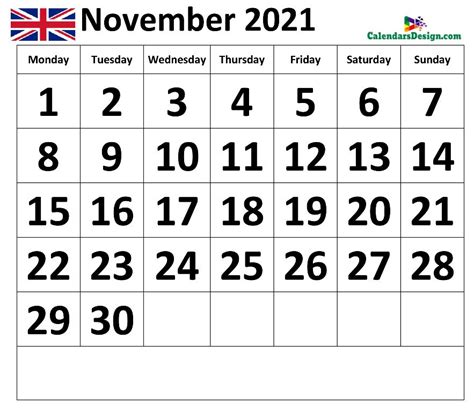 November 2021 Calendar Uk
