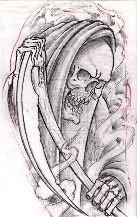Wonderful Grey Ink Grim Reaper Tattoo Design
