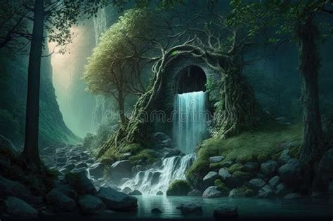 Enchanted Forest With Waterfall Bringing Life To The Scenery Stock