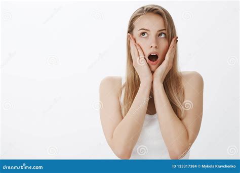 Waist Up Shot Of Shocked And Confused Young Charismatic Girl With Blond Hair Open Mouth In