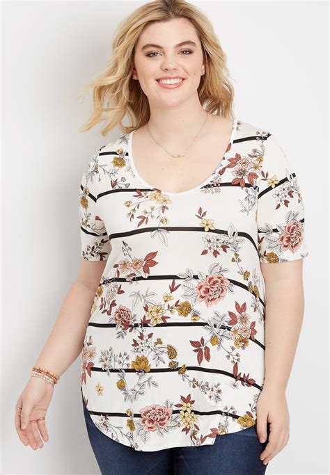 Maurices Plus Size Womens 247 Flawless Stripe Floral Tee White Size