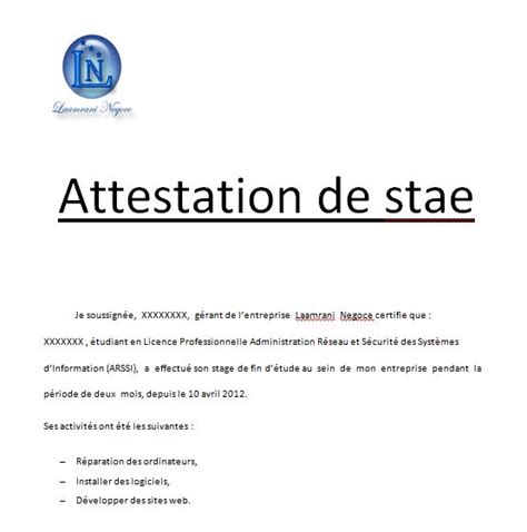 Exemples De Modèle Dattestation De Stage En Word Doc Cours Génie