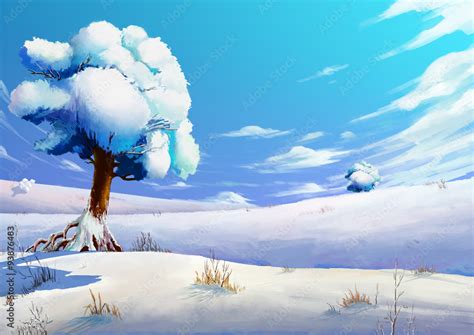 Illustration The Winter Snow Field Fantastic Cartoon Style Scene