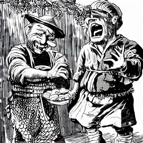 Precisely Drawn Illustration Of Two Villagers Laughing Stable