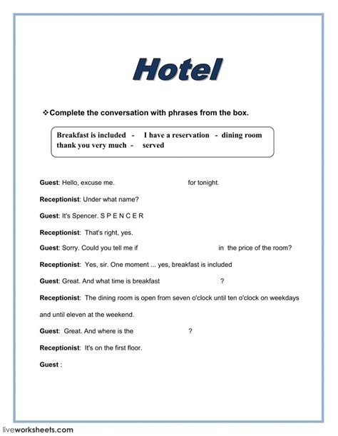 Hotel Interactive Worksheet