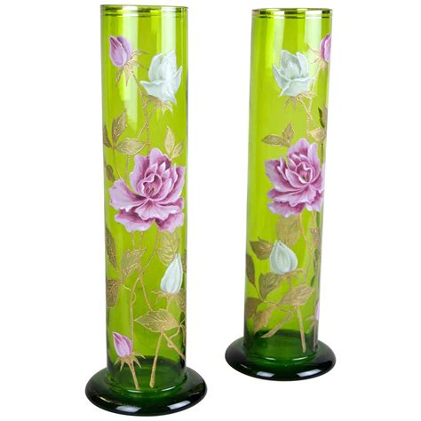 Pair Of Art Nouveau Glass Vases With Enamel Paintings Bohemia Circa 1910 At 1stdibs
