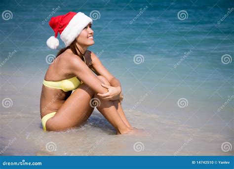 Woman In Bikini And Hat Of Santa Claus Stock Photo Image Of Beautiful