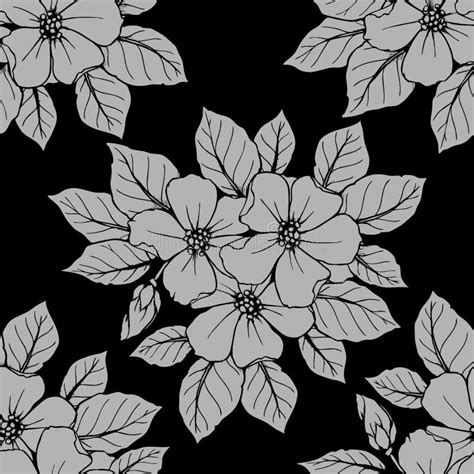 Seamless Contour Pattern Of Large Gray Flowers On A Black Background