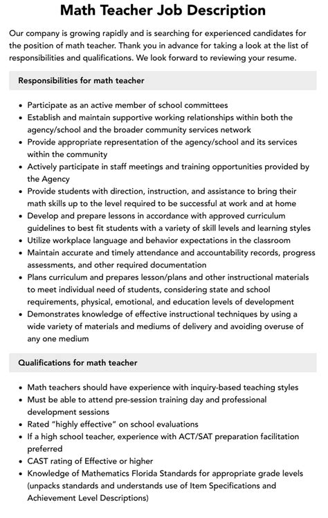 Math Teacher Job Description Velvet Jobs