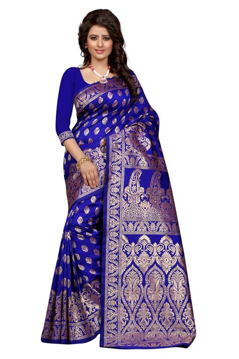 Buy Blue Plain Banarasi Silk Saree With Blouse Online