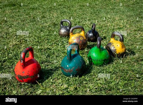 Colored Round Heavy Weights On The Grass Sport Weightlifting Stock
