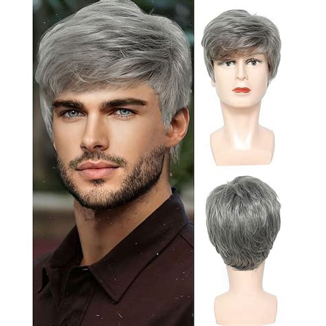 Mens Grey Wigs Realistic Short Fluffy Layered Natural Looking Wig Mens