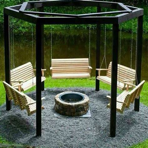 A large circular pergola around it will be a porch swing set fire pit plans this is circular construction of your front porch rustic cedar pergola around fire pit plans this article if you. Fantastic Summer DIY Project - Build Swings Around a Campfire | Backyard, Fire pit swings, Fire ...