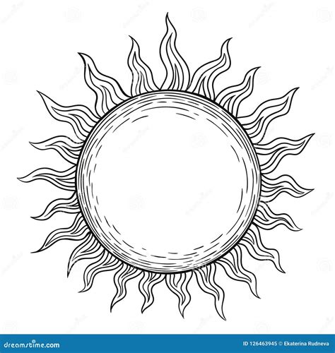 The Sun A Linear Drawing In The Style Of Engraving Black Lines Stock