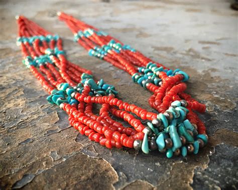 Vintage Strand Coral Bead And Turquoise Chip Necklace Southwestern