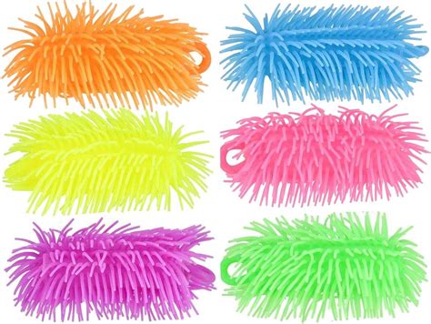 set of 6 puffer worms sensory fidget and soft hairy air filled stress balls